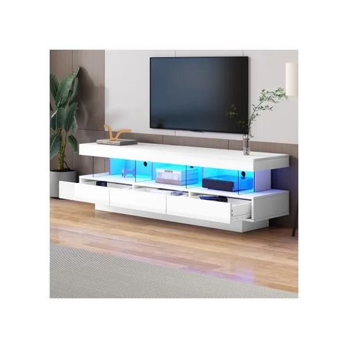 160*38*50.5cm Meuble Tv Blanc Brillant Avec 3 Compartiments En Verre, Éclairage Led, App Control