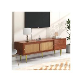 Meuble Tv Élégant, 2 Tiroirs, 2 Portes Coulissantes En Rotin, 4 Compartiments De Rangement, 160*40*60 Cm.