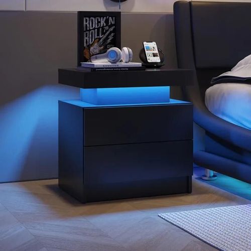Table De Nuit Led Table De Chevet Cabinet Lumineux Moderne Avec 2 Tiroirs Pour Chambre À Coucher (Noir)