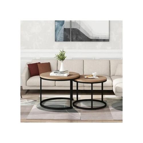 Table Basse Ronde Lot De 2 Tables Basses Salon Table D'appoint Ronde Emboîtée 2 Table D'appoint Ronde(Chêne