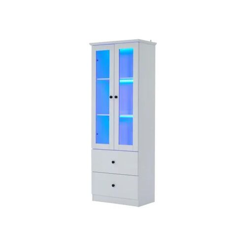 Vitrine LED moderne blanc mat, hauteur 165 cm, avec prise USB, télécommande 16 couleurs, vitrine en verre avec 2 tiroirs
