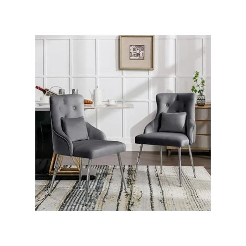 Lot De 2 Chaises De Salle À Manger Tapissées De Boutons, Chaise De Salon De Chambre À Coucher Avec Coussin Lombaire, Gris
