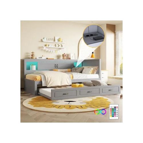 Canapé-Lit, 90*200cm , Eclairage D'ambiance À Distance, Rangement De Chevet, Prise + Usb, Sans Matelas, Gris
