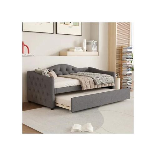Daybettt, 90x200cm Lit De Jour Avec Lit Extensible, Canapé-Lit, Lit Simple (Sans Matelas), Lin, Style Minimaliste, Gris