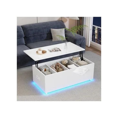 Table Basse Blanche Avec Éclairage Led Et Rangement Caché - 100*50*35 Cm, Capacité De Charge De 40 Kg