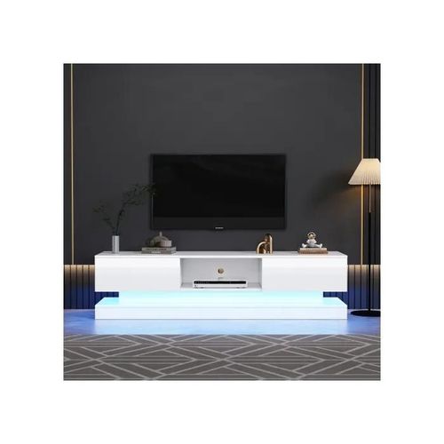 160*35*40.5 Cm Meuble Tv Blanc Brillant Avec Éclairage Led, 2 Tiroirs, Commande Par Application