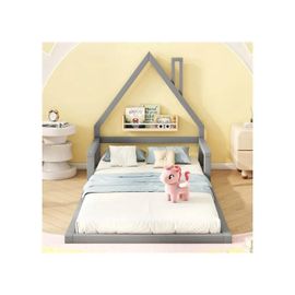 90*200cm Lit D'enfant, Lit Plat, Forme Maison, Pin Massif, Forme Simple, Gris