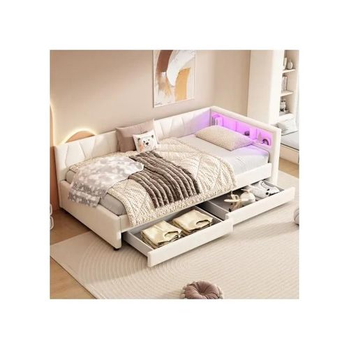 Canapé-Lit, 90*200 Cm, Lit Avec Sommier À Lattes (Sans Matelas), Lin, Beige