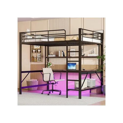 Lit Mezzanine, 140*200 Cm, Rampe, Repose-Pieds, Avec Prise Usb Et Prise Électrique, Noir