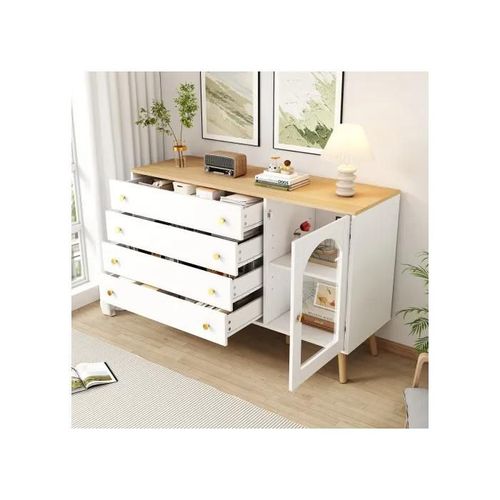 Commode Blanche 4 Tiroirs Larges Commode Pour Salle À Manger, Cuisine, Salon, Style Moderne, 40*120*77,5 Cm
