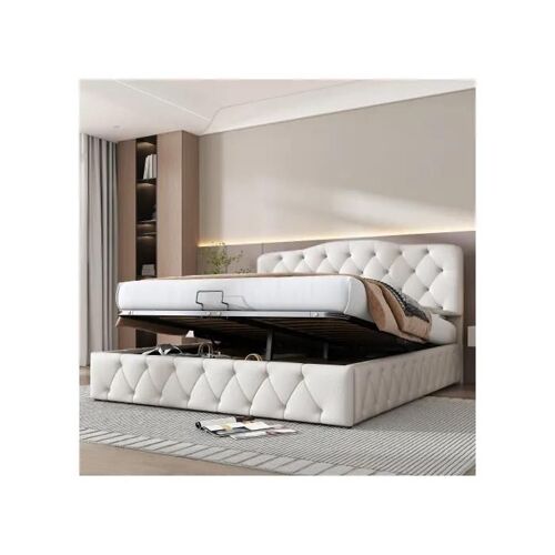 Lit rembourré, style européen, tête de lit réglable en hauteur, motif litchi, cuir synthétique, 140 x 200, blanc
