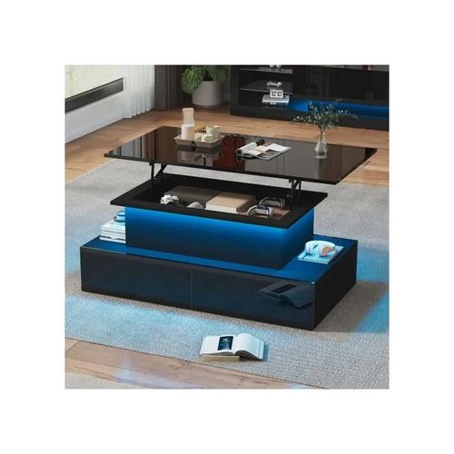Table Basse Moderne Noire Brillante Avec Éclairage Led Et 4 Tiroirs - Table D'appoint Élégante 90x55x41 Cm