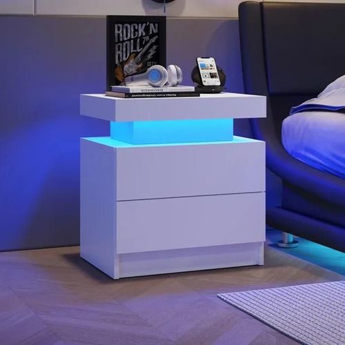 Table De Nuit Led Table De Chevet Cabinet Lumineux Moderne Avec 2 Tiroirs Pour Chambre À Coucher (Blanc)