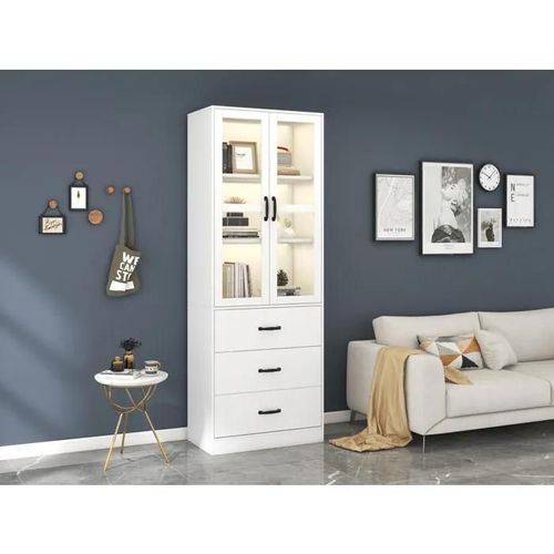 Vitrine Blanche De 200 Cm De Haut, Autoportante, Avec 3 Tiroirs Et 2 Cloisons Mobiles, 2 Portes En Verre