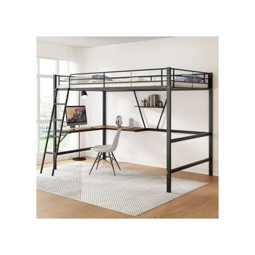 90x200cm Cadre De Lit Lit En Métal, Lit En Fer, Lit Haut Avec Bureau En L Et Bibliothèque, Noir