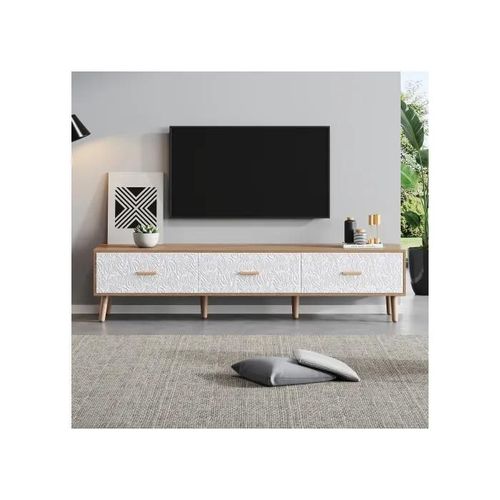 Meuble Tv Et Table Tv En Bois - Salon Chambre À Coucher, Couleur Bois Clair,Panneaux De Porte Blancs Texturés Vintage.150*35*39 Cm