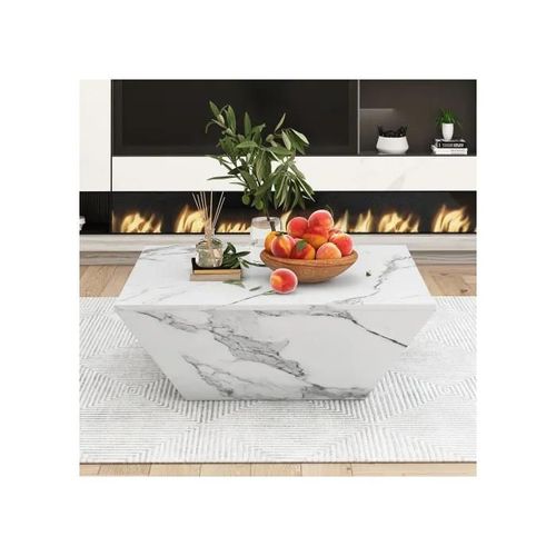 Table Basse Moderne Tambour, Table Basse Trapézoïdale En Marbre Blanc Plaqué, Table De Salon 70*70*37cm