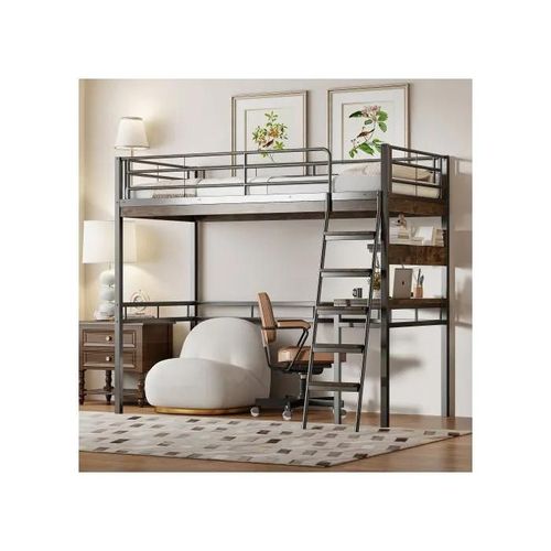 Lit Mezzanine, 90*200cm , Sans Matelas, Lit Avec Bureau, Étagères, Rampe, Échelle, Cadre En Fer, Noir