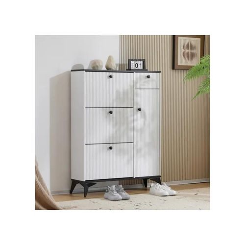 Meuble À Chaussures Avec 3 Étagères, 1 Tiroir Et 1 Porte, Meuble À Chaussures Blanc. Dimensions : H 121 Cm / L 90 Cm / P 25 Cm