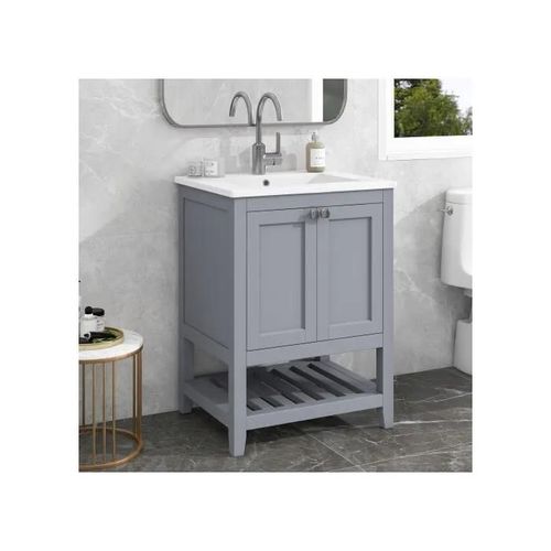Meuble De Salle De Bain Simple Lavabo Avec Meuble Bas 60cm Avec Lavabo En Céramique,Gris Clair