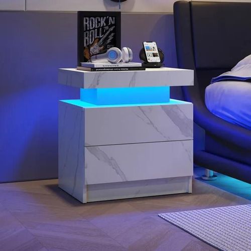 Table De Nuit Led Table De Chevet Cabinet Lumineux Moderne Avec 2 Tiroirs Pour Chambre À Coucher (White Stone)