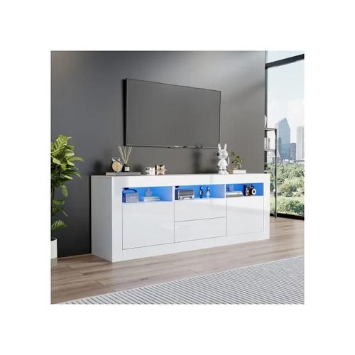 160*35*60cm Meuble Tv Brillant Avec Éclairage Led, 3 Compartiments Ouverts, 2 Portes,2 Tiroirs, Adapté Aux Téléviseurs 70 Pouces