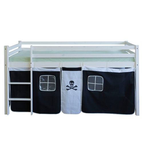 Lit Mezzanine 90x200cm Avec Échelle En Bois Blanc Et Toile Noir Pirate Lit06121