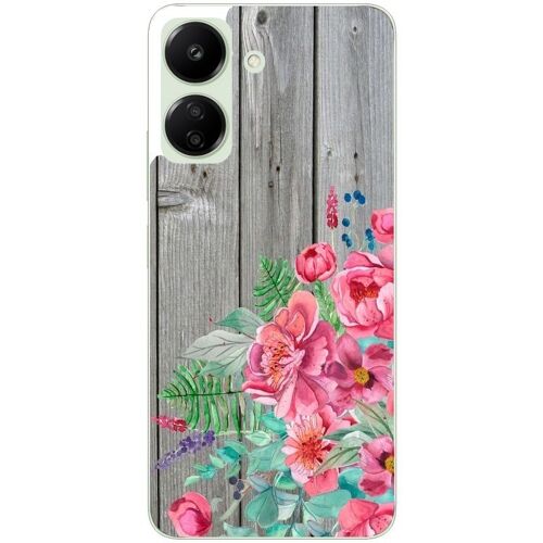 Coque Pour Poco C65 Bois Gris Fleur Rose