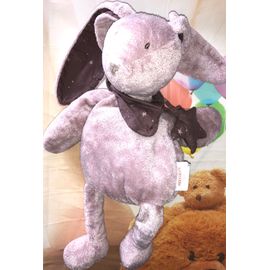 Doudou Grand Lapin Natalys Prune Vieux Rose Etoiles Peluche Lapin Jouet