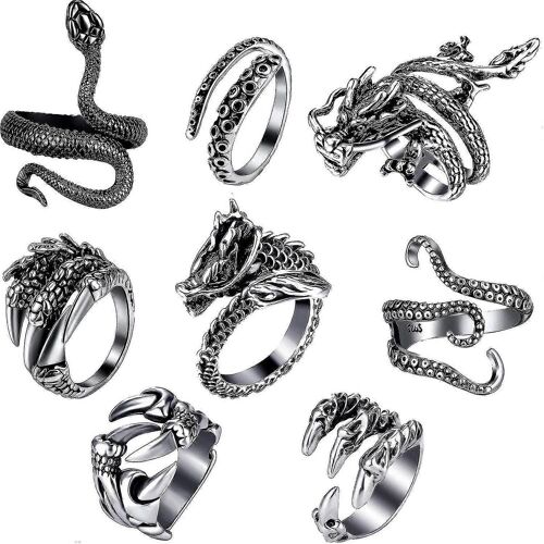 8 Pièces Vintage Punk Rings Octopus Dragon Snake Anneau Réglable
