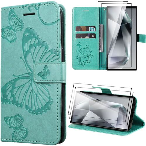 Coque + 2 Verres Trempés pour Samsung Galaxy S24 Ultra (pas pour S24), Simili Cuir à Motif Papillon avec Support, Vert - BOOLING