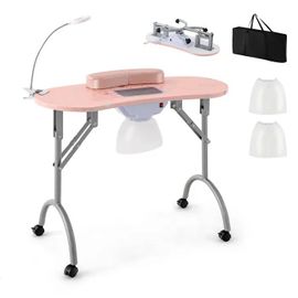 COSTWAY Table de Manucure Pliante avec Collecteur de Poussière Électrique - Lampe LED Flexible, Coussin pour Poignet Amovible Rose