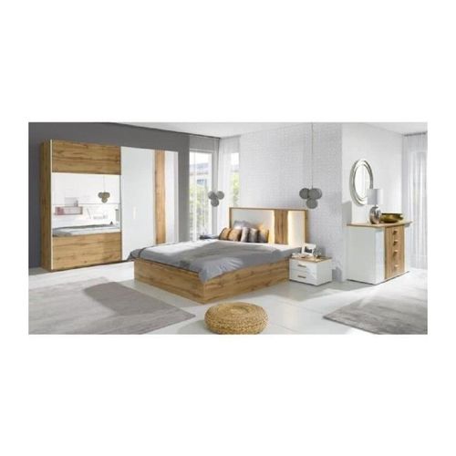 Chambre À Coucher Complète Wood Chêne Et Blanc. Lit + Armoire + Commode + 2 Chevets