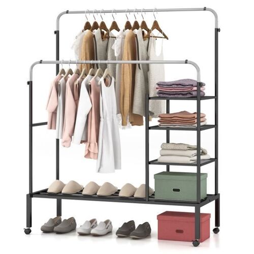 Portant à Vêtements COSTWAY en Métal à 2 Barres Solide avec Étagère à Chaussures, Argent et Noir