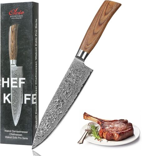 Chicslick-Edib Pro Couteau De Chef En Acier Damas I Lame Tranchante De 20 Cm En Acier Damassé À 67 Couches Avec Noyau Vg10 Et Manche En Bois De Pakka I Couteau De Cuisine Professionnel & Cou[X1278]