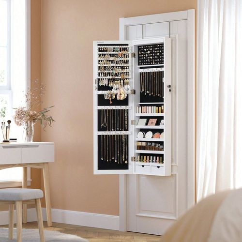Armoire À Bijoux, Meuble De Rangement Mural Pour Colliers, Boucles D'oreilles, Avec Miroir, Verrouillable, Blanc