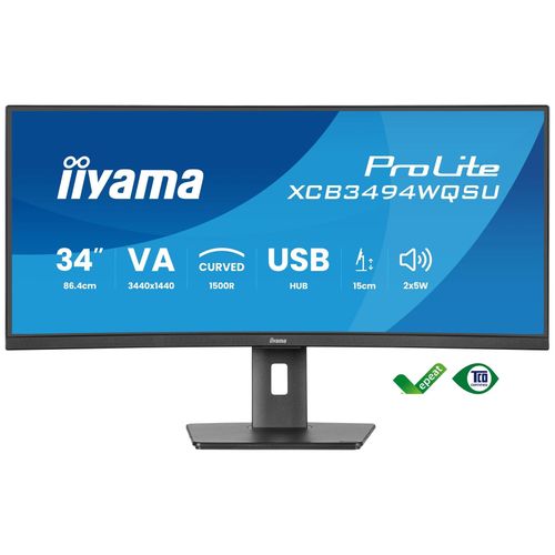iiyama ProLite XCB3494WQSU-B1 - Écran LED - incurvé - 34" - 3440 x 1440 UWQHD @ 120 Hz - VA - 350 cd/m² - 3000:1 - 0.4 ms - HDMI, DisplayPort, USB-C - haut-parleurs - noir mat