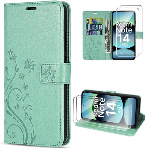 Coque et 2 Verres Trempés pour Xiaomi Redmi Note 14 4G (pas pour 5G) Cuir Synthétique Motif Relief Floral Papillon Vert - EFConnection