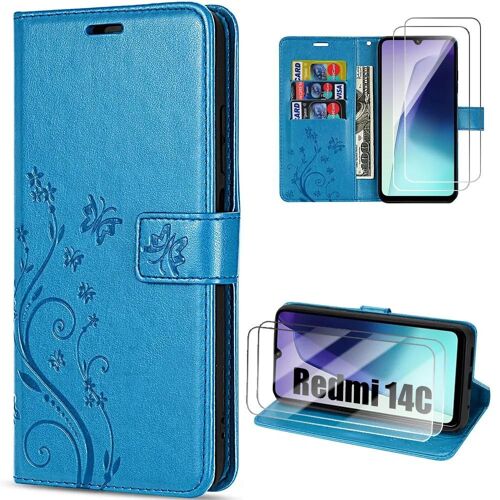 Coque Et 2 Verres Trempés Pour Xiaomi Redmi 14c, Protection Anti-Rayures Antichoc Synthécuir Motif Floral Papillon Bleu - Efconnection
