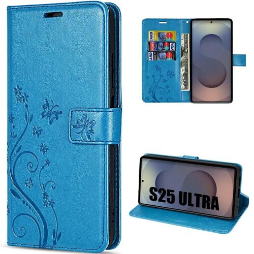 Coque Pour Samsung Galaxy S25 Ultra, Protection Rabat Anti-Rayures Antichoc Synthécuir Bleu Motif Papillon Fleur - Efconnection