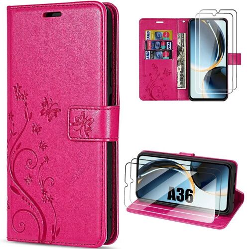 Coque + 2 Verres Trempés Pour Samsung Galaxy A36 5g, Protection Anti-Rayures Synthécuir Fuchsia Motif Papillon Fleur - Efconnection