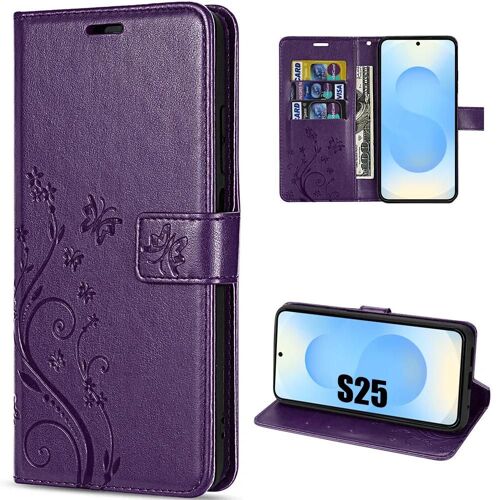 Coque Pour Samsung Galaxy S25, Protection Antichoc Anti-Rayures Cuir Synthétique Motif Relief Papillon Violet Nuit - Efconnection