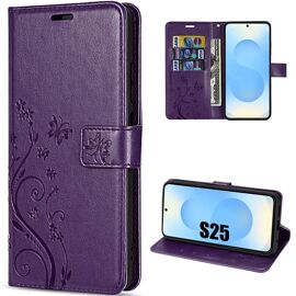 Coque Pour Samsung Galaxy S25, Protection Antichoc Anti-Rayures Cuir Synthétique Motif Relief Papillon Violet Nuit - Efconnection