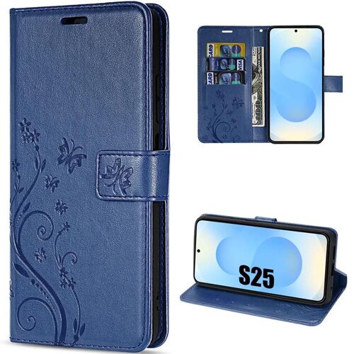 Coque pour Samsung Galaxy S25, Protection Rabat Cuir Synthétique Anti-Rayures Bleu Marine Motif Floral Papillon - EFConnection