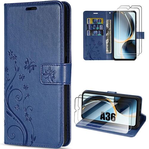 Coque + 2 Verres Trempés Pour Samsung Galaxy A36 5g, Protection Flip Case Cuir Synthétique Bleu Marine Motif Papillon - Efconnection