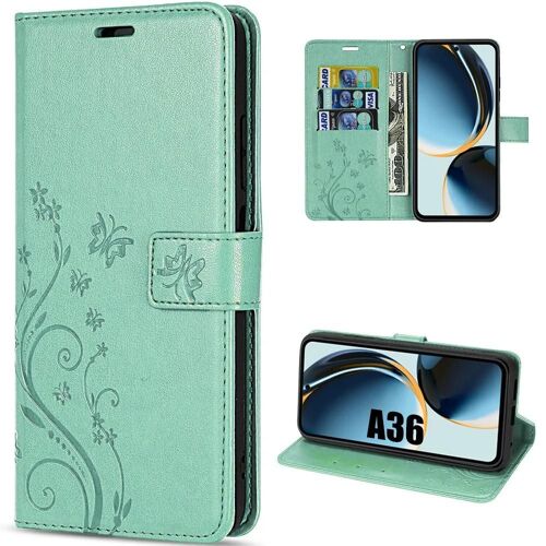 Coque pour Samsung Galaxy A36 5G, Protection Rabat Flip Case Cuir Synthétique Antichoc Vert Motif Papillon - EFConnection