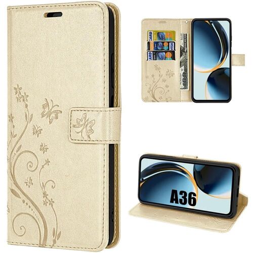 Coque Pour Samsung Galaxy A36 5g, Anti-Rayures Protection 360 Degré Effet Cuir Doré Motif Plante Papillon - Efconnection