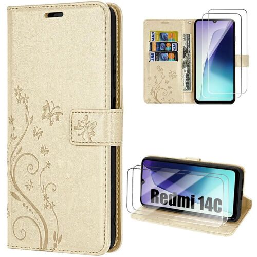Coque Et 2 Verres Trempés Pour Xiaomi Redmi 14c, Protection Rabat Cuir Synthétique Antichoc Doré Motif Papillon - Efconnection