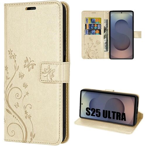 Coque Pour Samsung Galaxy S25 Ultra, Protection Rabat Cuir Synthétique Anti-Rayures Doré Motif Floral Papillon - Efconnection