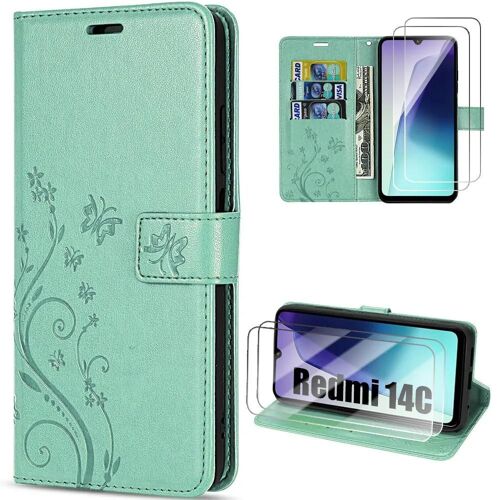 Coque + 2 Verres Trempés pour Xiaomi Redmi 14C, Protection Antichoc Synthécuir Motif Papillon Fleur Vert - EFConnection